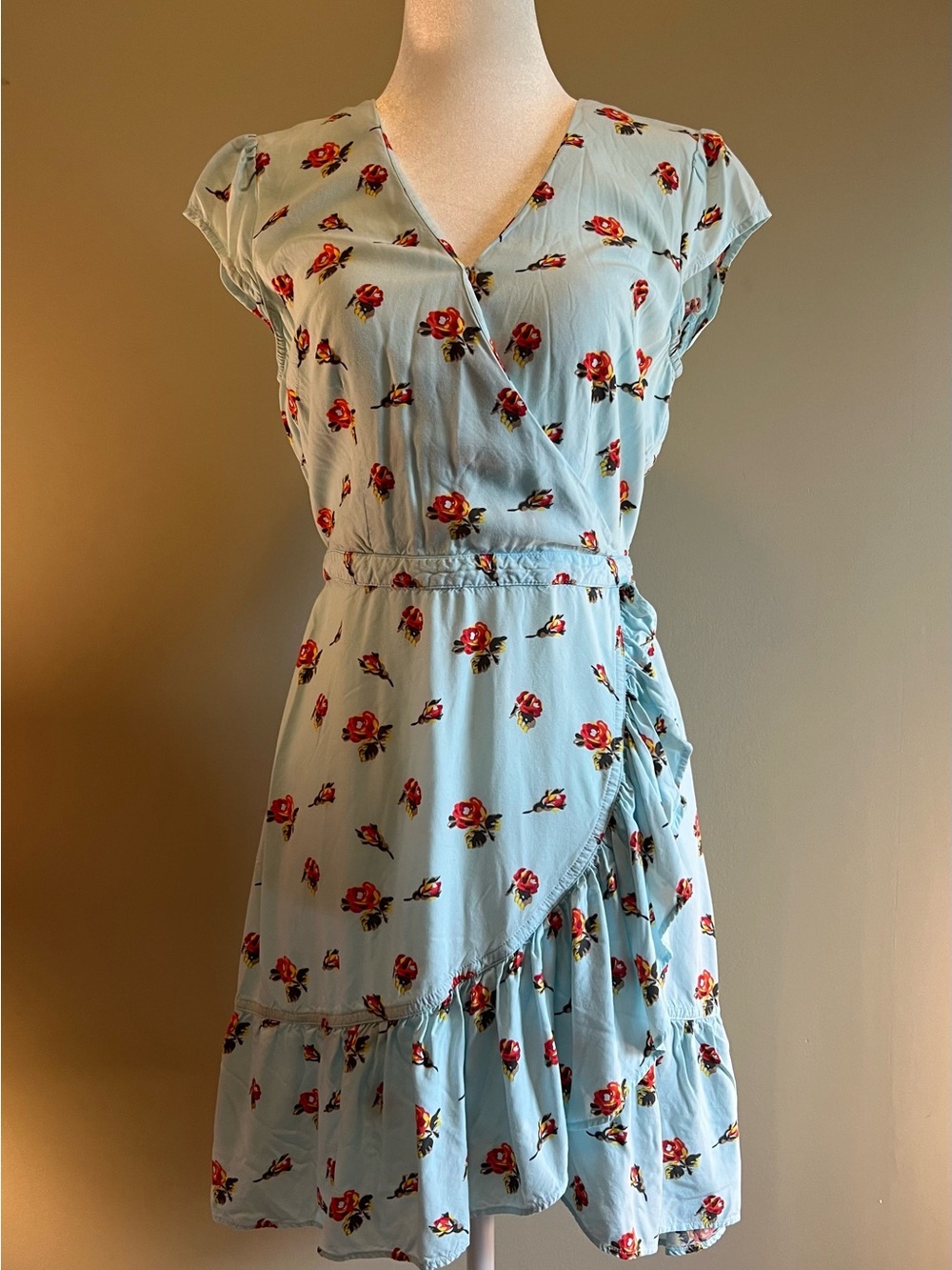 J. Crew Light Blue Mock Wrap Midi Dress with Red Rose‎ Print